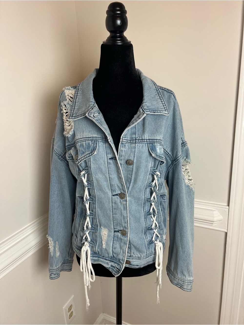 O&O Denimwear Corset Tie Light Wash Distressed Denim Jacket Size M